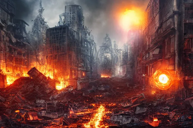 Prompt: Cybernetic Robotic Fire Orb Floating above a destroyed city street, fantasy, photorealistic, metropolis