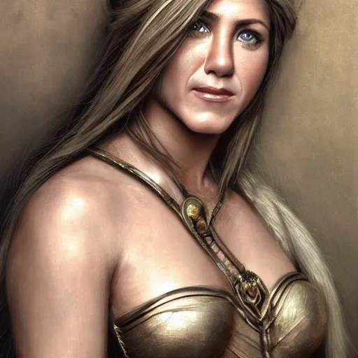 Image similar to portrait of jennifer aniston as amazon in an intricate dress by roberto ferri, fantasy, witcher, very detailed, masterpiece, 8 k