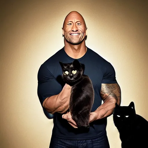 Image similar to dwayne johnson holding a black cat, studio lighting, promotional photograph