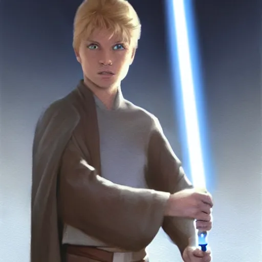 Image similar to full body Over-the-Shoulder Shot of a young blonde male jedi with short hair with his blue lightsaber is ignited illuminating him and the scene, concept art by Doug Chiang cinematic concept art, realistic painting, high definition, digital art, matte painting, symmetrical, very detailed, realistic, dramatic lighting, cinematic, establishing shot, extremely high detail, photo realistic, cinematic lighting, post processed, concept art, artstation, matte painting, red color scheme, the Mandalorian concept art style