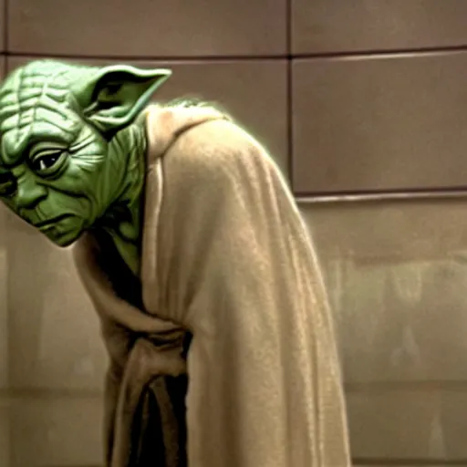 Image similar to master yoda using the urinal in the bathroom of the death star, movie scene from star wars 1 9 9 9