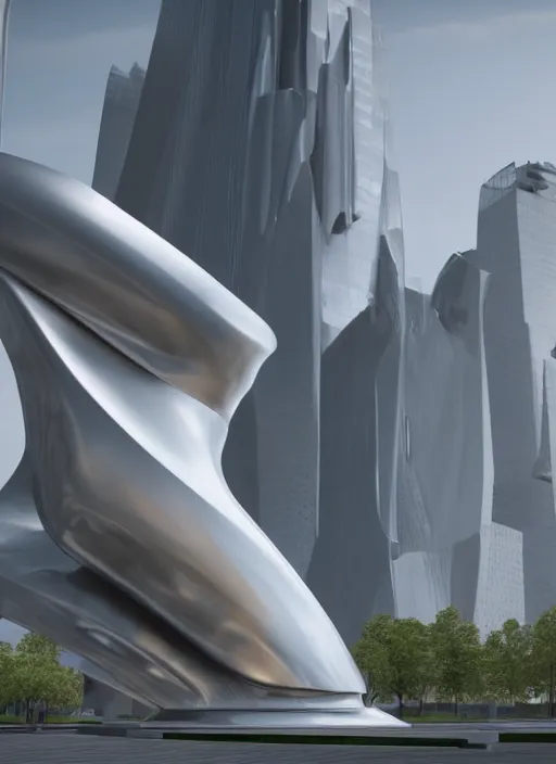 Image similar to highly detailed architecture render of a huge high futuristic metallic stele sculpture in the style of zaha hadid standing in city park, archdaily, made in unreal engine 4