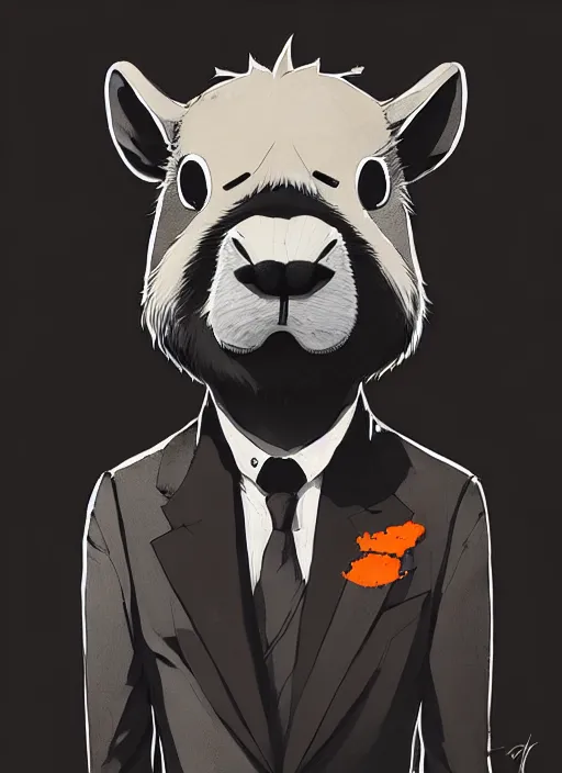 Prompt: highly detailed closeup portrait of an anthropomorphic capybara!, black formal suit by atey ghailan, by greg rutkowski, by greg tocchini, by james gilleard, by joe fenton, by kaethe butcher, gradient orange, black and white color scheme, grunge aesthetic!!! ( ( graffiti tag wall background ) )