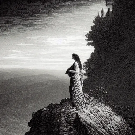 Image similar to A lonely widow looks from a mountaintop, mountains, gorgeous view, velly distant forest, distant city, distant glow, night, sunset, dramatic light, Chiaroscuro, long shadows, dark, masterpiece, high detail, detailed, illustration by Paul Gustave Doré