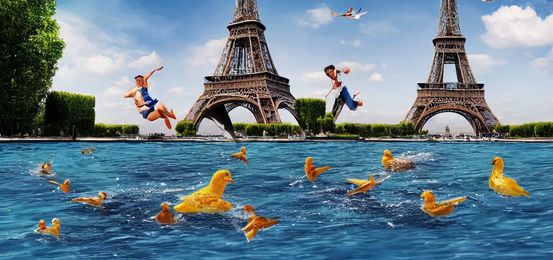 Image similar to super realistic, diver, Eiffel Tower, pond, rubber ducks, ultra high definition