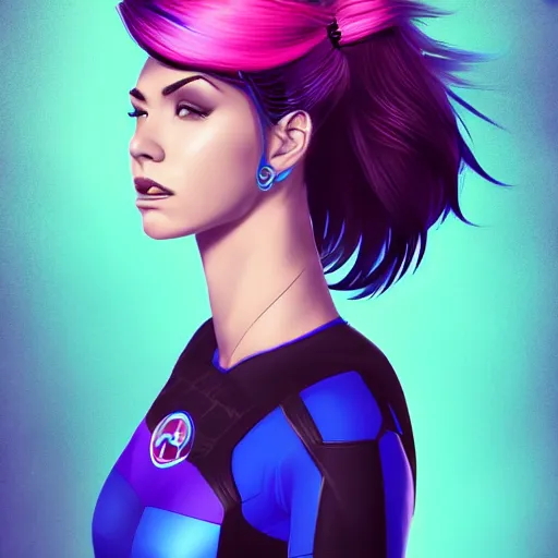 Prompt: a stunning upper body portrait of a beautiful young woman wearing futuristic navy blue and teal battle bodyarmor, ombre purple and pink hairstyle, hair blowing in the wind by marvel comics, digital art, trending on artstation