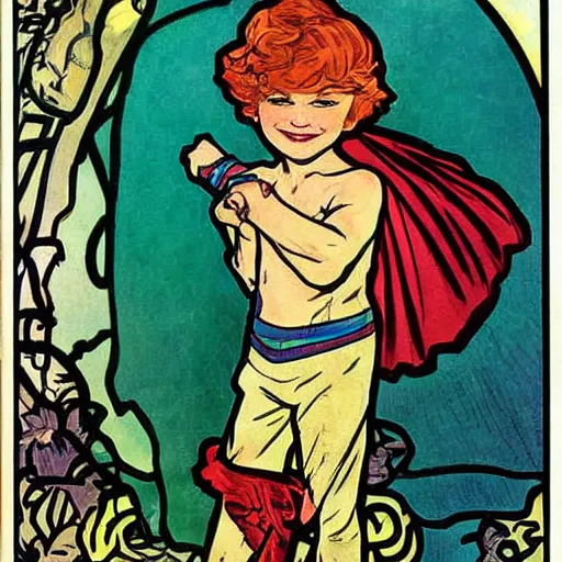 Prompt: a little boy with a mischievous face and short ginger hair. he is dressed as a knight. well composed, clean elegant painting, beautiful detailed face. colorful painting by steve ditko and jack kirby and alphonse mucha