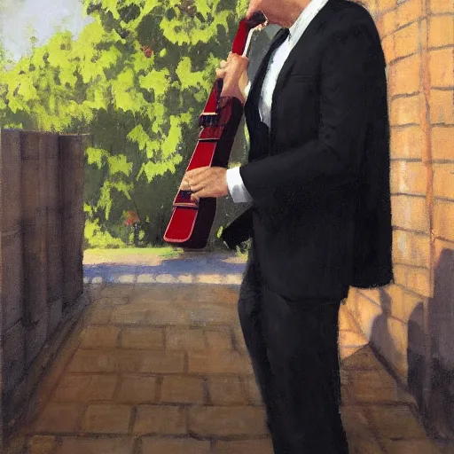 Image similar to a portrait of agent 4 7 from hitman wearing a red tie playing a guitar in a monestary garden by gregory manchess, james gurney, james jean