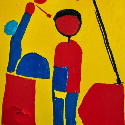 Image similar to a painting of a person holding a yellow and red umbrella, a cave painting by etel adnan, reddit contest winner, metaphysical painting, childs drawing, wimmelbilder, apocalypse art