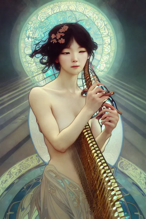 Image similar to portrait anime girl playing harp by tian zi and wlop and alphonse mucha, full body portrait, intricate, face, elegant, beautiful, highly detailed, dramatic lighting, sharp focus, artstation, frostbite engine