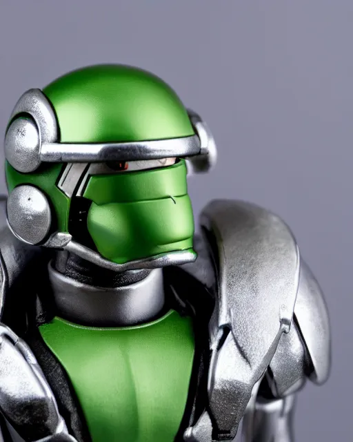 Image similar to portrait of a figurine of cyborg from the sci - fi nintendo videogame metroid. glossy. silver round helmet, silver shoulder pads, green visor. shallow depth of field. suit of armor.