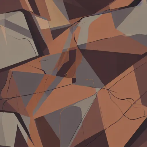 Image similar to masterpiece abstract intricate painting of detailed multiple layers of rocky material along a planer surface. highly geometric with loose sketch lines slanting down. isometric angles. beautiful use of light and shadow to create a sense of a stony landscape. using architectural brushwork and a rich earthy color palette, providing a mathematical rough sketchy look.