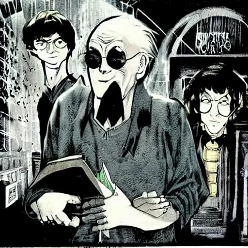 Image similar to in one frame Harry Potter with Sandman in The Sandman comic, by Neil Gaiman, by Dave McKean, comics Sandman, small details, clear faces, high detail