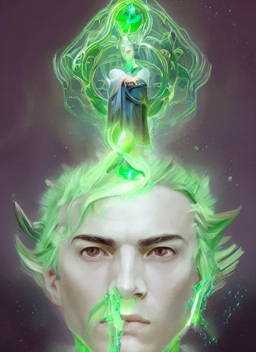 Prompt: character concept portrait of an attractive young Spanish wizard with green eyes and powder-green skin conjuring a cosmic spell, a floating iridescent spell book in the center, intricate, elegant, digital painting, concept art, smooth, sharp focus, illustration, from Metal Gear, by Ruan Jia and Mandy Jurgens and William-Adolphe Bouguereau, Artgerm