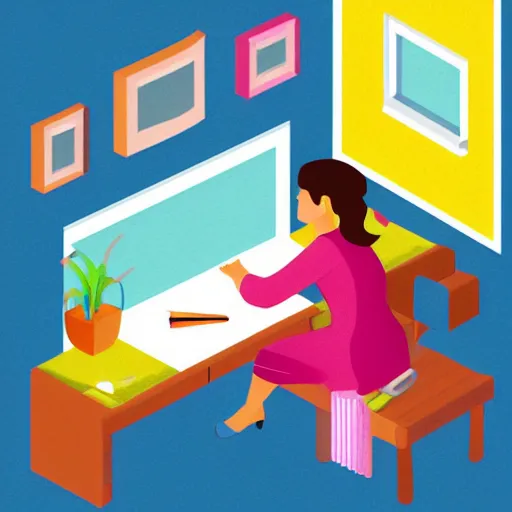 Image similar to isometric flat art of a woman writing at a desk looking out the window