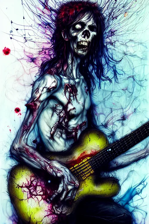 Image similar to zombie punk rocker playing guitar by agnes cecile, brian froud, intricated details, 3 / 4 view, full body portrait, extremely luminous bright design, horror, pastel colours, toxic drips, autumn lights