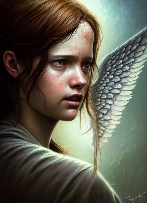 Image similar to abby from last of us 2 as an angel, aesthetic, fine art, intricate, elegant, highly detailed, realistic hair, centered, digital painting, art station, conceptual art, soft, sharp focus, illustration, artwork, artgerm, tomasz alen kopera, peter mohrbacher, donato giancola, wlop, boris vallejo