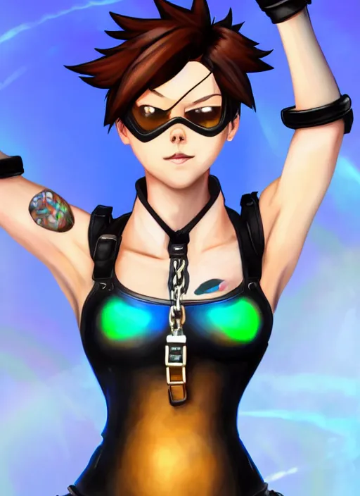 Image similar to full body digital artwork of tracer overwatch, wearing black iridescent rainbow latex tank top, 4 k, expressive happy smug expression, makeup, in style of mark arian, wearing detailed black leather collar, wearing chains, black leather harness, leather cuffs around wrists, detailed face and eyes,