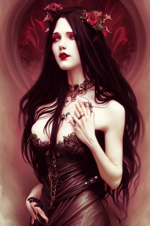 Image similar to vampire, dark fantasy, intricate, elegant, highly detailed, digital painting, artstation, concept art, matte, sharp focus, illustration, art by artgerm and alphonse mucha