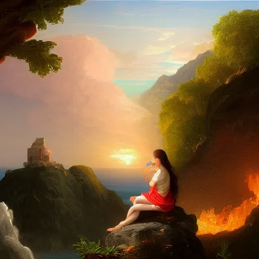 Image similar to a painting of a woman sitting on a rock overlooking a burning house on an island, a digital painting by thomas cole, cgsociety, metaphysical painting, 2 d game art, storybook illustration, detailed painting