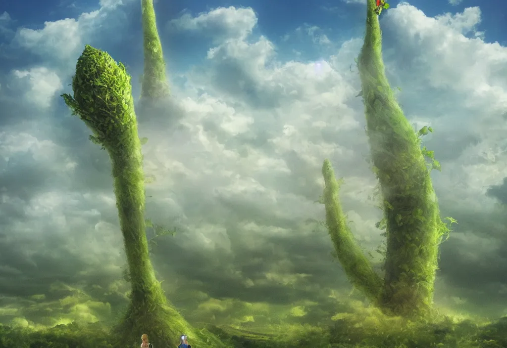 Prompt: a beanstalk reaching the clouds, vast city landscape