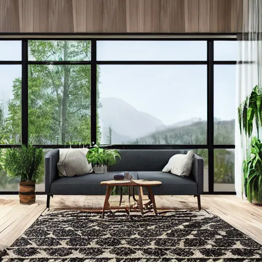 Image similar to a beautiful modern living room with wood floors, large windows with a beautiful view, an area rug, plants, forest, mountains, realistic, hd, 8 k, digital rendering, unreal engine, blender, octane, maya