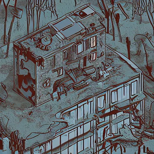 Image similar to in the style of ghostshrimp and deathburger and laurie greasley an isometric view of a giant decaying robot head in a forest that has been turned into a quaint house, highly detailed, 8k wallpaper