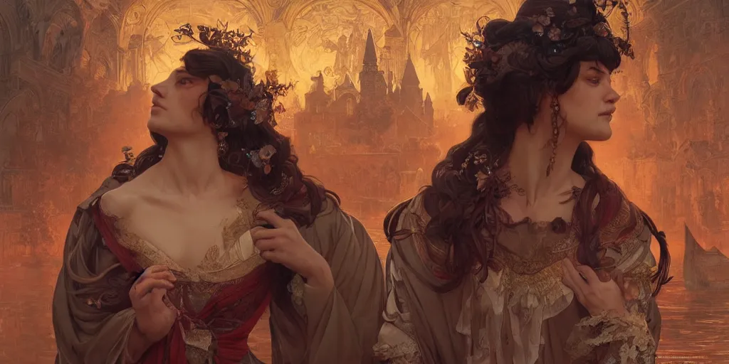 Image similar to epic portrait an festival happening in nightime of venice, intricate, full frontal shot, highly detailed, digital painting, artstation, concept art, sharp focus, illustration, art by artgerm and greg rutkowski and alphonse mucha