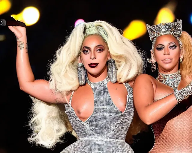 Image similar to Lady gaga and Beyonce perfom together at a concert, EOS 5D, ISO100, f/8, 1/125, 84mm, RAW Dual Pixel, Dolby Vision, HDR, AP, Featured