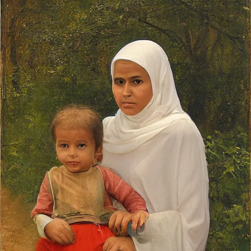 Prompt: Islamic woman and child in wermland wood by Lars Lerin