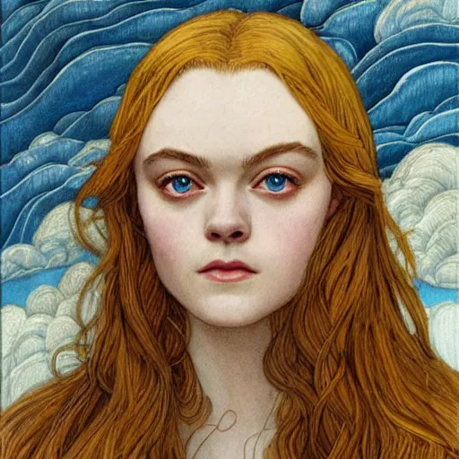 Image similar to professional painting of Elle Fanning in the style of Rebecca Guay, head and shoulders portrait, symmetrical facial features, smooth, sharp focus, illustration, intricate, stormy weather, extremely detailed masterpiece,