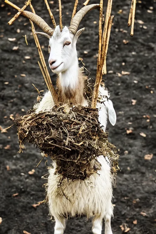 Image similar to a goat standing upright, holding a bundle of sticks and wearing clothes made of leaves