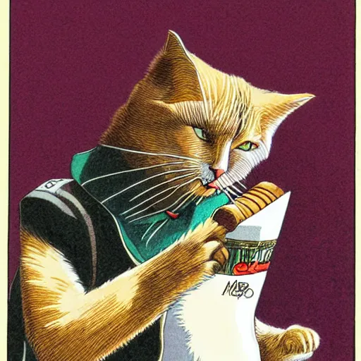 Prompt: a cat smoking a cigar, by moebius