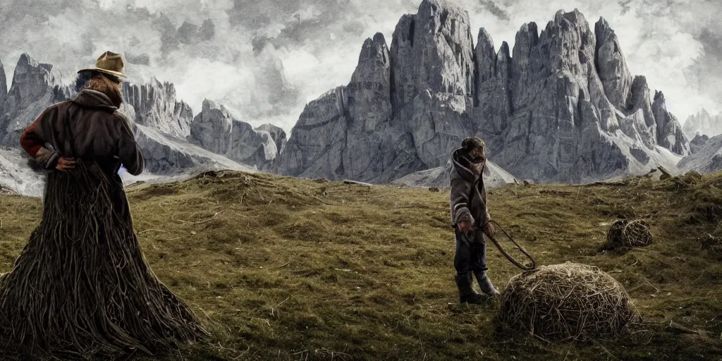 Image similar to alpine farmer transforming into a monster ,roots and hay coat, dolomites in background, dark, eerie, despair, portrait photography, artstation, digital art, concept art, artstation, highly detailed, sharp focus, by caravaggio