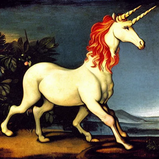 Image similar to a unicorn walking on a rainbow in the style of Caravaggio