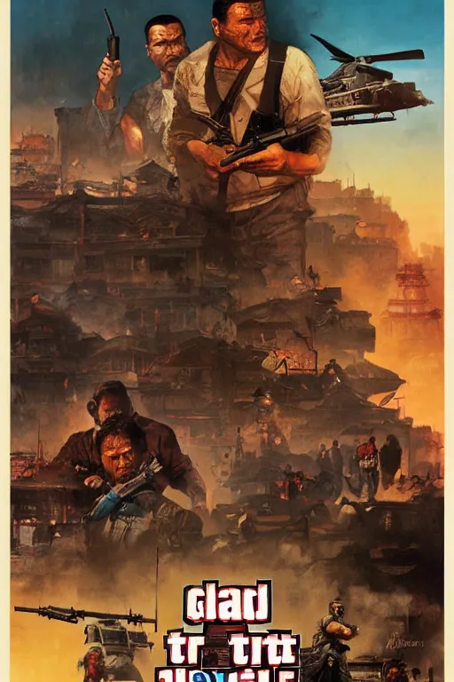 Prompt: Movie poster of Grand Theft Auto China Town Wars, Highly Detailed, Dramatic, eye-catching, A masterpiece of storytelling, by frank frazetta, ilya repin, 8k, hd, high resolution print