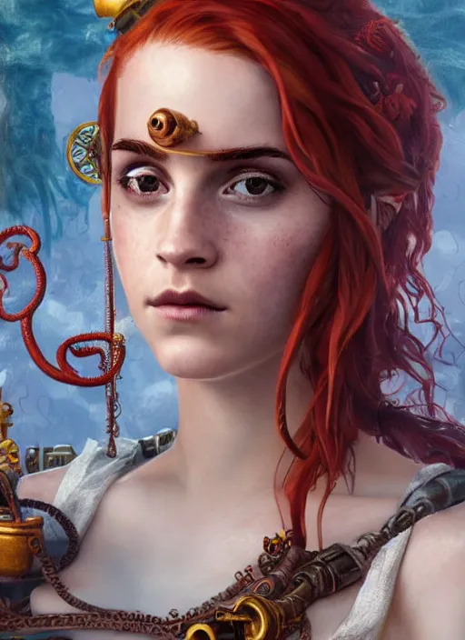 Image similar to underwater steampunk pirate portrait of emma watson, red hair, octopus, hyper detailed, digital art, cinematic lighting, studio quality, smooth render, unreal engine 5, octane rendered, art style by klimt and nixeu and ian sprigger and wlop and krenz cushart.