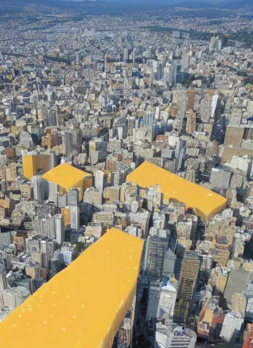 Prompt: city of cheese stretching to the sky