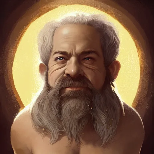 Image similar to symmetrical portrait of a happy dwarf showing off the humongous sparkling gold nugget, realistic, beautiful, fantasy art, dnd, lord of the rings, style of charlie bowater, concept art, sharp focus, ray tracing