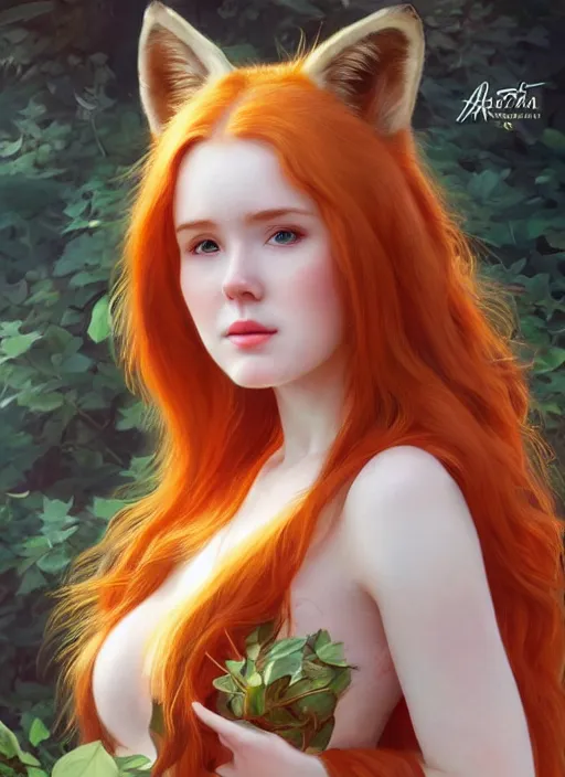 Image similar to portrait Jia Lissa cosplaying a fox, full length shot, shining, 8k highly detailed, sharp focus, illustration, art by artgerm, mucha, bouguereau