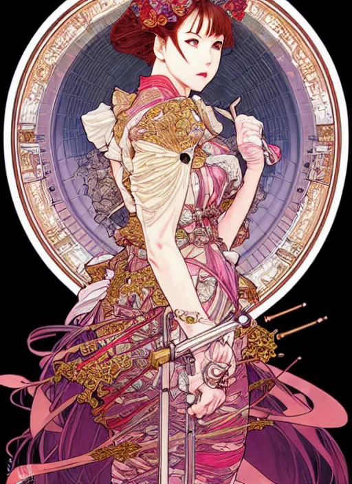 Image similar to highly detailed artgerm artstation minaba hideo fantastic fate katsuhiro otomo manga poster of dressed princess mechine, minaba hideo, alphonse mucha, long hair, armor, laces, ruffles, 8 k, fluorescent, maximalist, jump comics, art nouveau, takato yamamoto