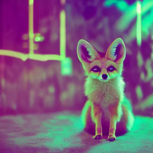 Prompt: kodak ultramax 4 0 0 photograph of a fennec fox in disco club, grain, faded effect, vintage aesthetic, vaporwave colors, disney, cute, furry, zootopia, digital art