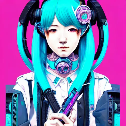 Image similar to high quality high detail 3 / 4 portrait of a hatsune miku as diesel punk character in an futuristic world, techwear, tristan eaton, victo ngai, artgerm, rhads, ross draws, hyperrealism, intricate detailed, alphonse mucha, pastel colors, vintage, artstation