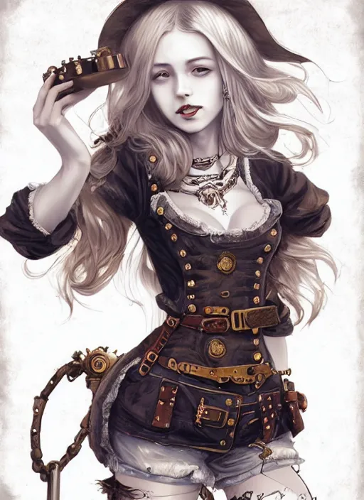 Prompt: daguerreotype of beautiful steampunk girl, white skin, long blonde hair, lipstick, short pants, belts, black croptop, junkyard, high fantasy, highly detailed, digital illustration, by rossdraws, sakimichan frank franzzeta