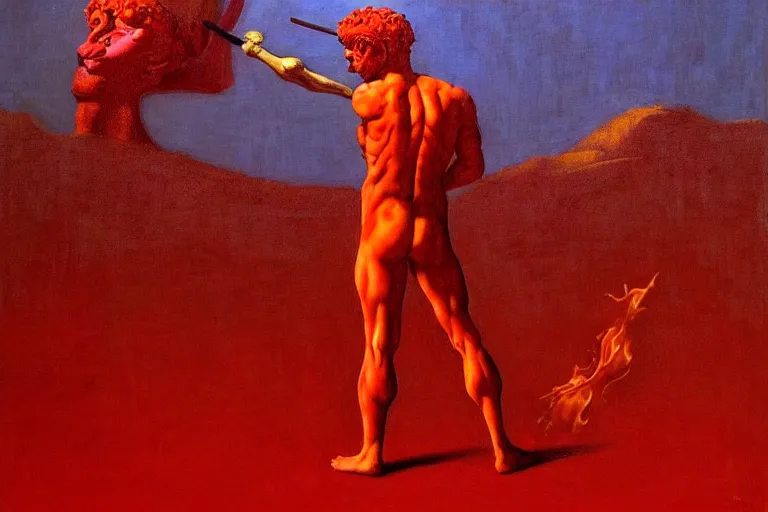 Image similar to only with red, a red melted apollo with a laurel wreath and a flaming sword announce win, athens in background, in the style of beksinski, parts by edward hopper, parts by rodcenko, parts by yue minjun, intricate and epic composition, red by caravaggio, insanely quality, highly detailed, masterpiece, red light, artstation, 4 k