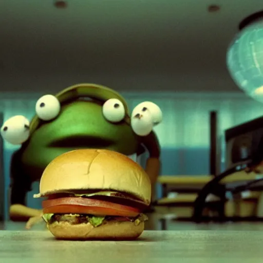 Image similar to the strange cheeseburger creature at the fast food place, film still from the movie directed by denis villeneuve and david cronenberg with art direction by salvador dali and zdzisław beksinski, wide lens