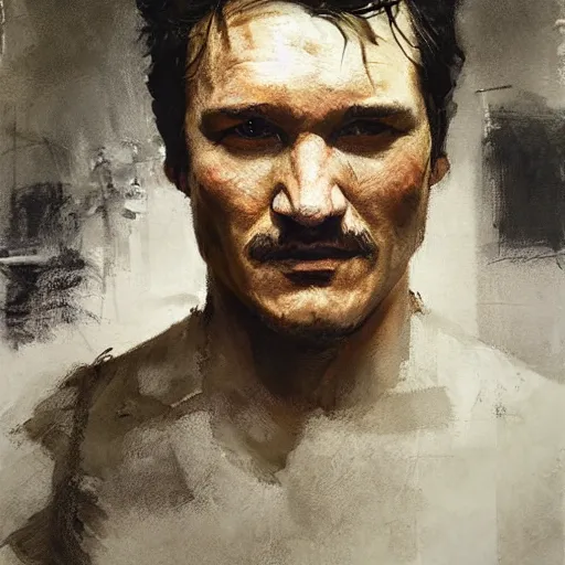 Prompt: portrait of an emotional pedro pascal as the mandalorian, by jeremy mann, anders zorn.