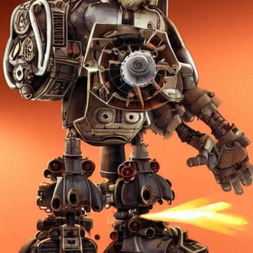 Image similar to a steampunk mech - suit designed to shoot down other mech - suits, anime, studio ghibli, steam, pipes, guns, copper, metal, slightly rusty, plain background, finely detailed, epic, intense, sparks, cinematic lighting,