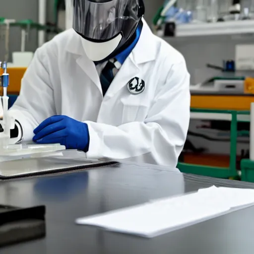 Image similar to mothman, wearing a labcoat, in a lab, writing on a clipboard