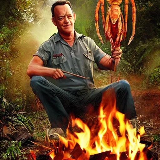 Image similar to tom hanks as forrest gump holding a giant shrimp skewer over a campfire in the jungle, realistic digital painting, in the style of Aleksi Briclot, photoreailstic, realistic face, amazing detail, sharp